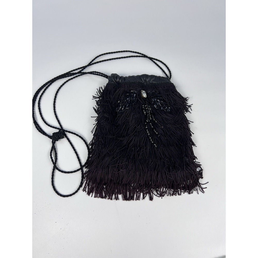 Vintage Flapper Style Black Fringe Evening Bag Rhinestone Beaded Crossbody - Picture 1 of 8